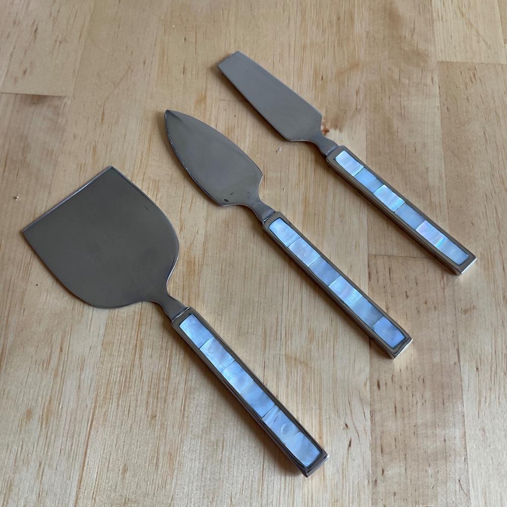 Pier 1 Imports Mother of Pearl Inlay Stainless Steel Cheese Knife 3 Piece Set